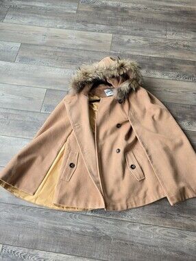 Camel Wool Blend Hooded Cape with Faux Fur Trim